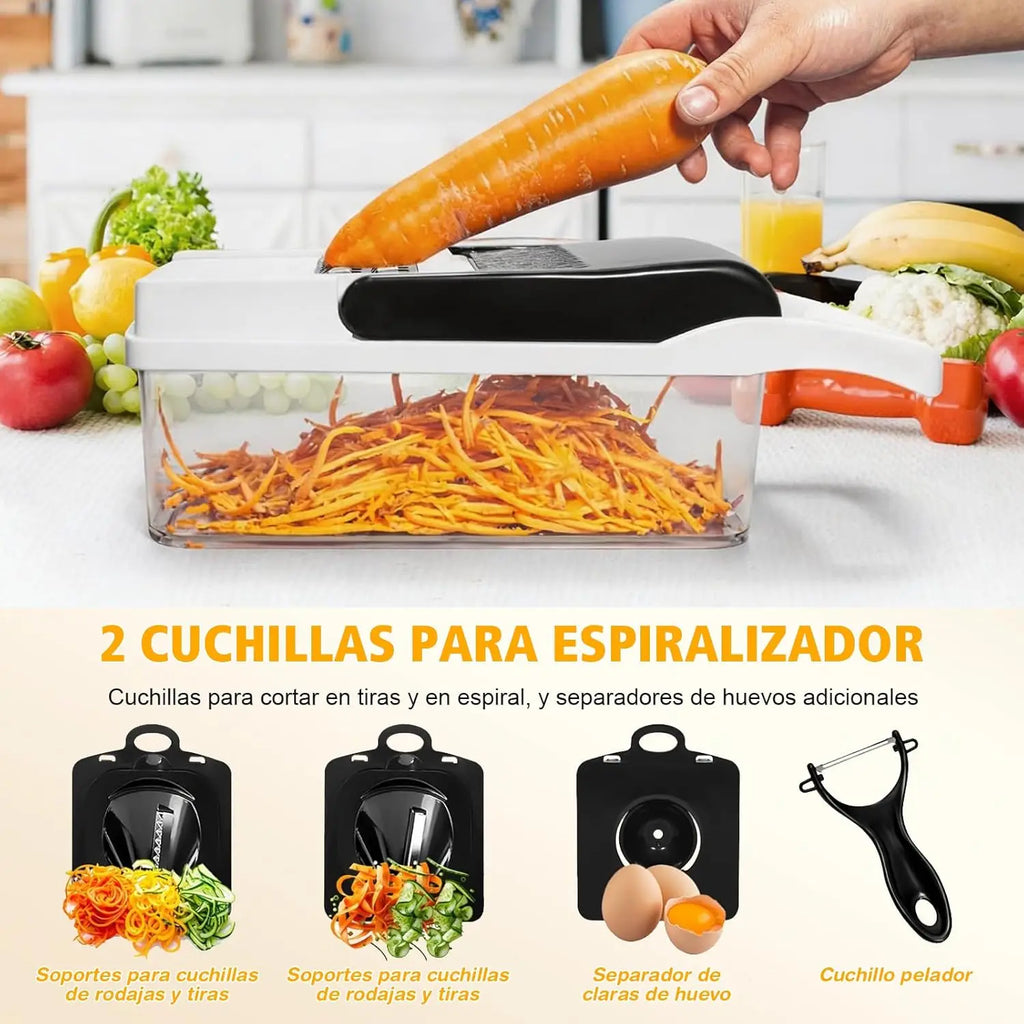 Picador de Verduras 26 en 1 con Cuchillas de Acero Inoxidable, Espiralizador, Rallador, Protector de Manos para Rebanar