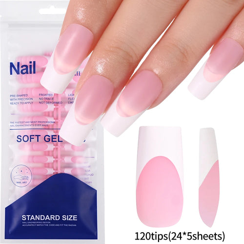 120 Uñas Acrílicas Francesas Cuadradas Medianas y Largas, Uñas Postizas Francesas de Cobertura Completa para Mujer, Uñas Postizas de Diferentes Tamaños