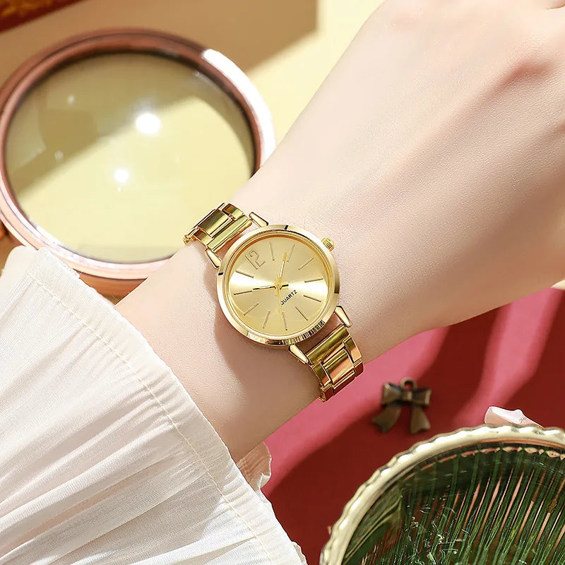 Reloj de lujo para Mujer, esfera redonda Simple, pulsera de oro de moda inoxidable, Reloj de pulsera de cuarzo, relojes para estudiantes y Mujer