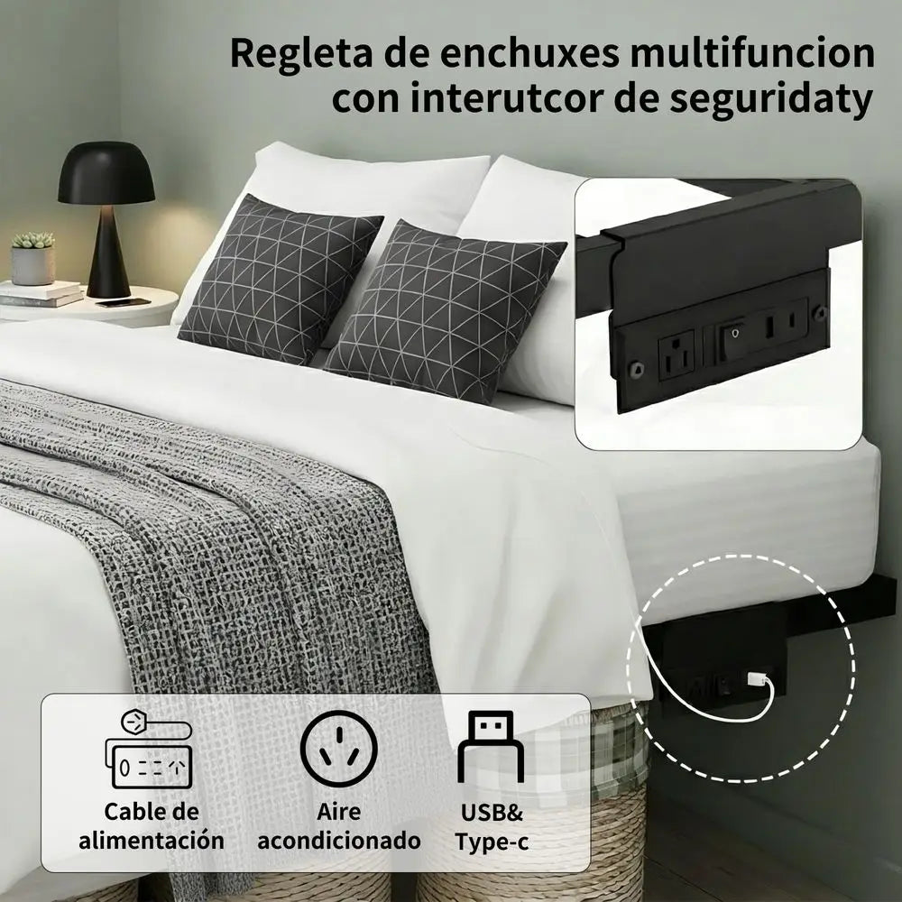 Cama Individual Flotante, Plataforma Metálica Resistente de 1500 lb con Luz LED y Estación de Carga, con Láminas de Acero de Alta Resistencia