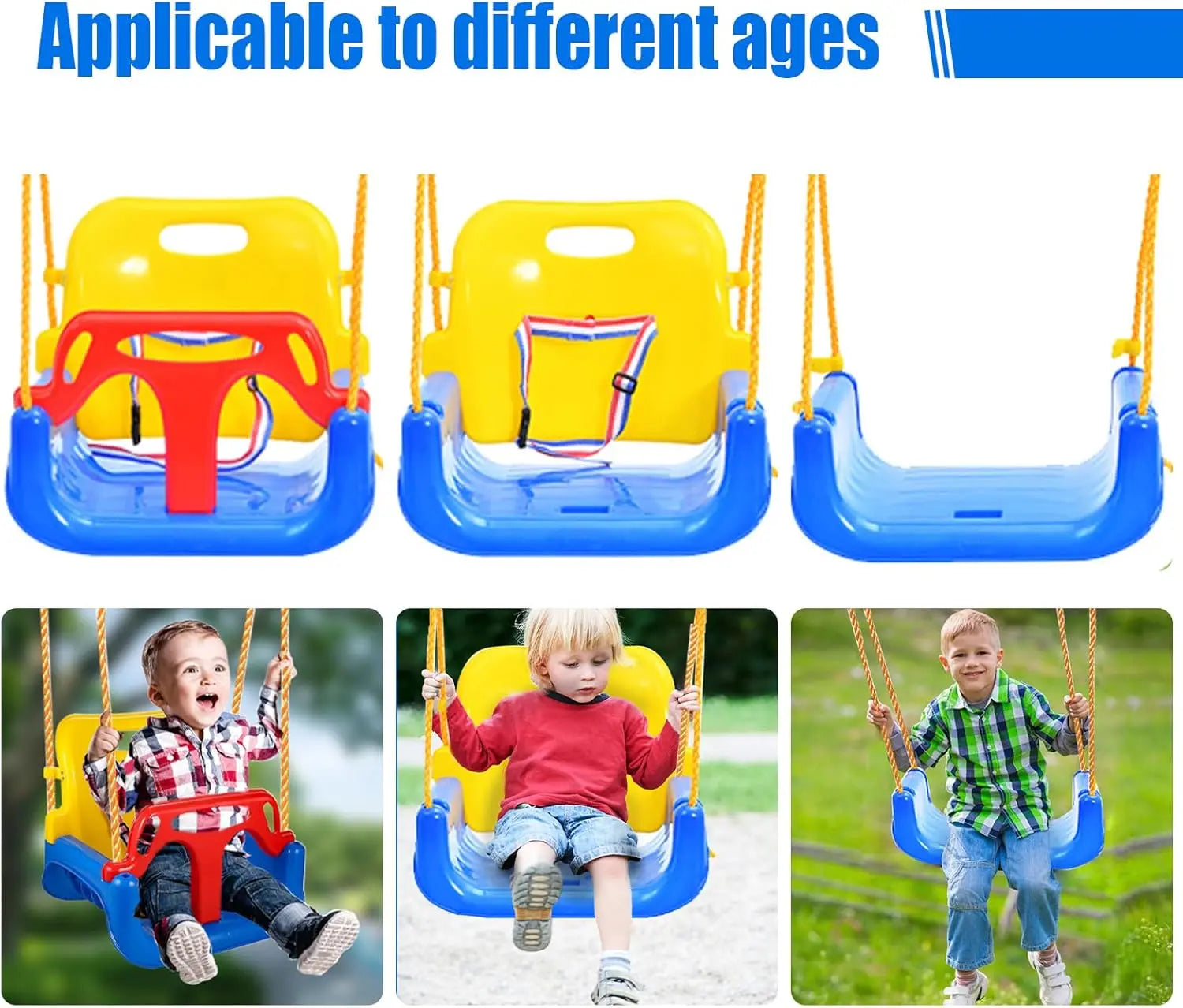 Asiento de columpio para bebé 3 en 1, columpio para niños pequeños, antideslizante y desmontable seguro para bebés y adolescentes, asiento de columpio para patio de juegos exterior