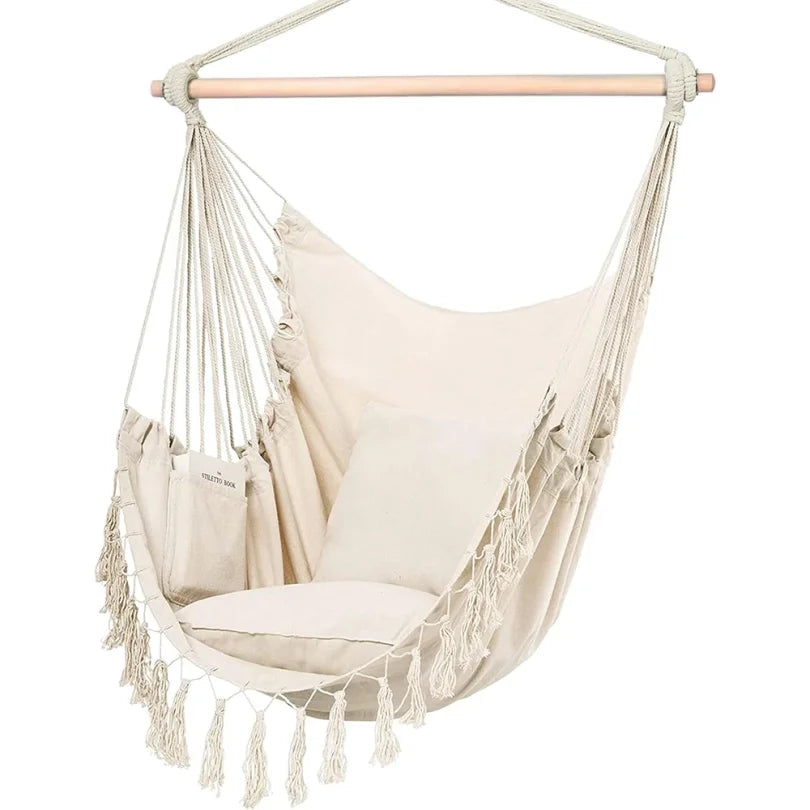 Silla Colgante de Macramé con 2 Almohadas |   Columpio de Cuerda de Algodón con Capacidad para 500 lb |   Diseño de bolsillo para uso en interiores/exteriores