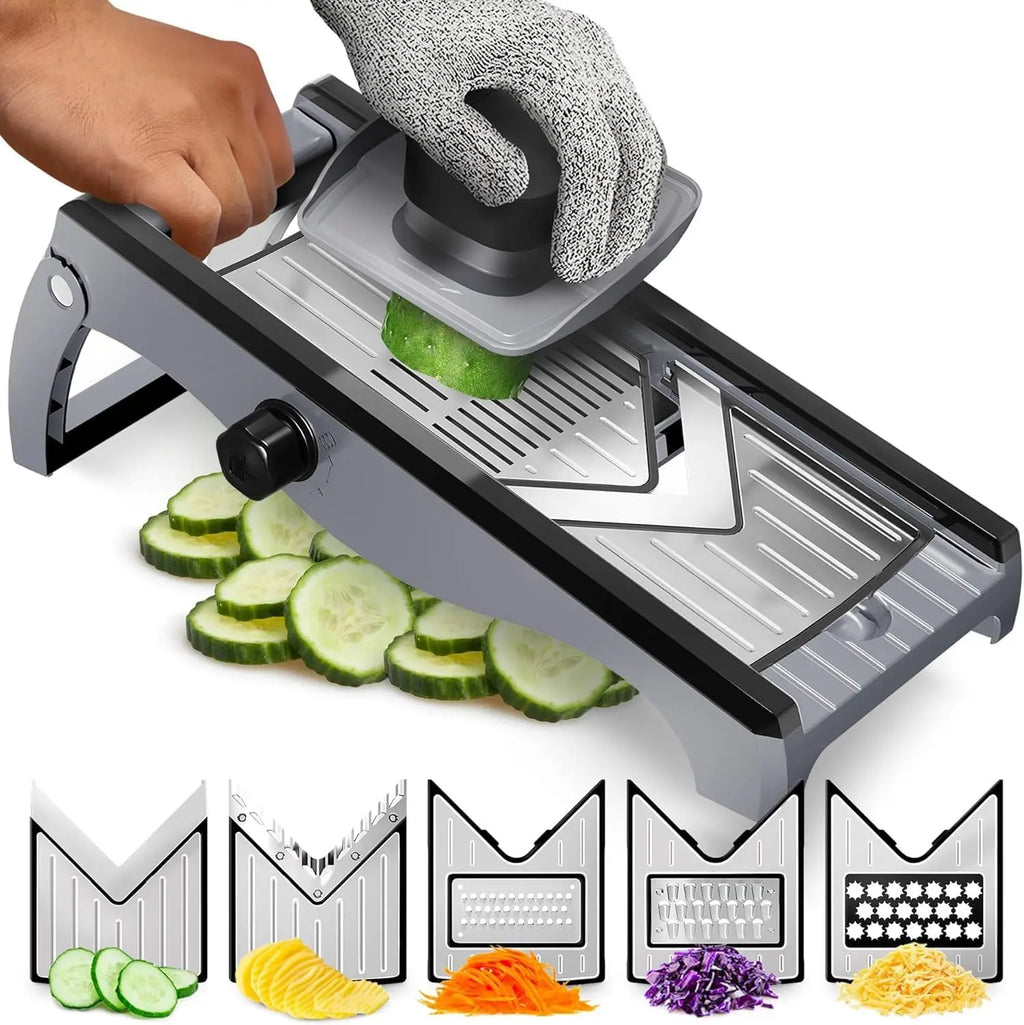 Picador de Verduras, Cortador Multiusos de Acero Inoxidable con Ajustes Regulables, Cepillo de Limpieza y