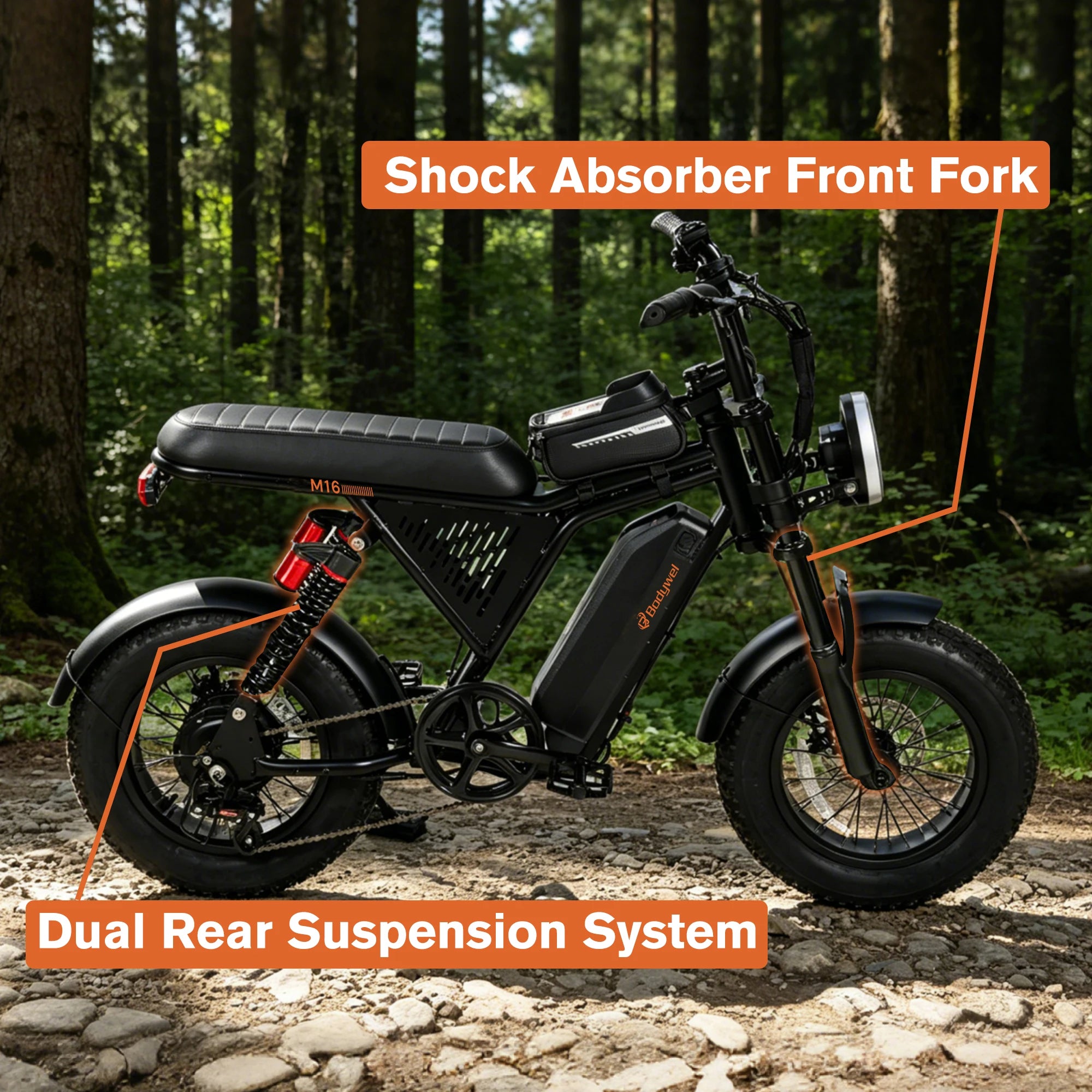 Bicicleta Eléctrica Todoterreno Bodywel M16 para Adultos, 1500w 48V 15.6ah, Bicicleta Eléctrica de Montaña con Neumáticos Gruesos de 16 Pulgadas para Entretenimiento al Aire Libre