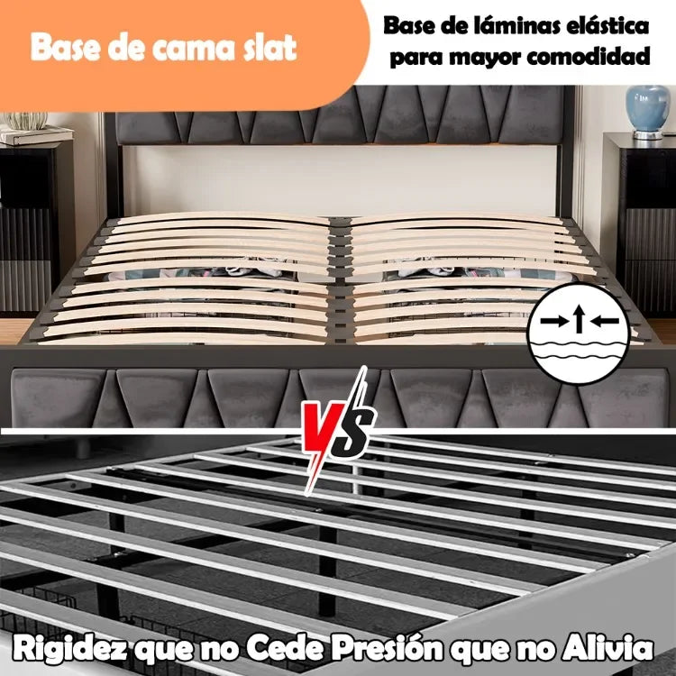 Base de Cama Matrimonial con 4 Cajones de Almacenamiento, Luz LED, Plataforma de Madera, Cabecera Tapizada en Terciopelo, Estación de Carga, No Requiere Somier