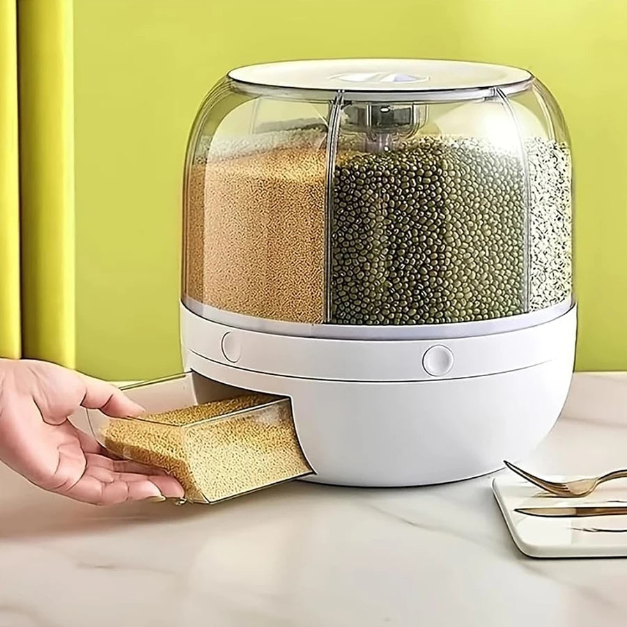 360 °   Dispensador de alimentos giratorio de 6 rejillas, contenedor hermético de almacenamiento de cocina para cereales, cereales y productos secos