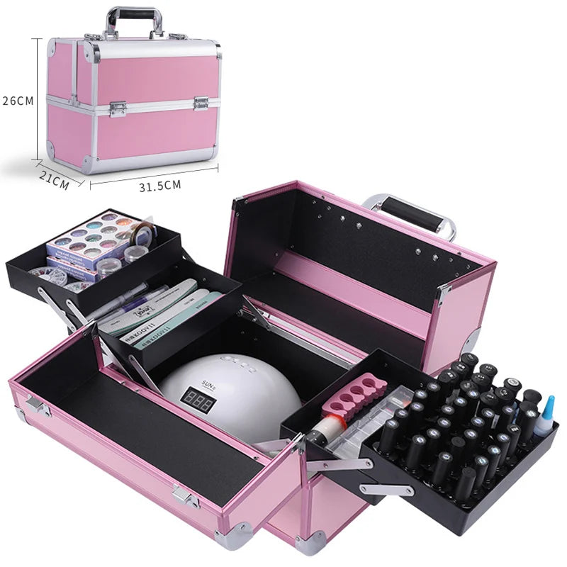 Bolsa de maquillaje expandible con cerradura, herramientas de aluminio para decoración de uñas, caja de cosméticos, cajones multicapa, organizador de almacenamiento de manicura y esmalte de uñas