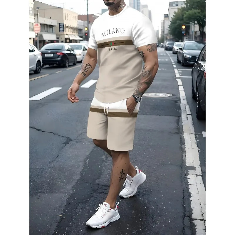 Conjunto informal de dos piezas con estampado 3D a rayas para hombre, camiseta de manga corta y pantalones cortos, conjunto para deportes al aire libre diarios de tela de poliéster