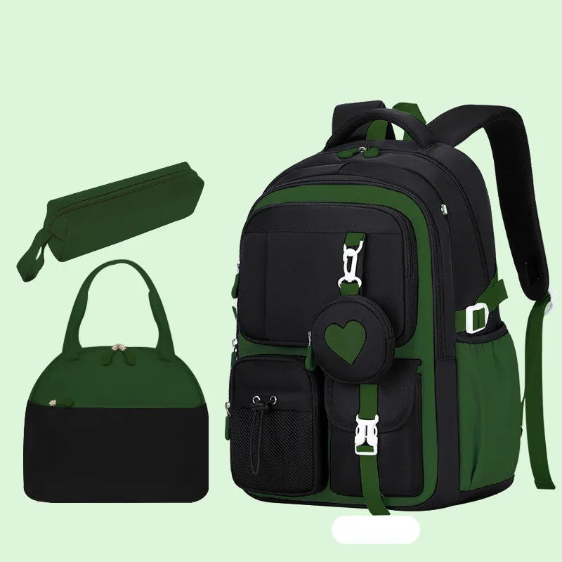 Mochila escolar con estampado de amor, estuche para lápices, bolsa de almuerzo, juego de tres piezas, tela de nailon impermeable, mochila de moda para niños, niñas y adolescentes.
