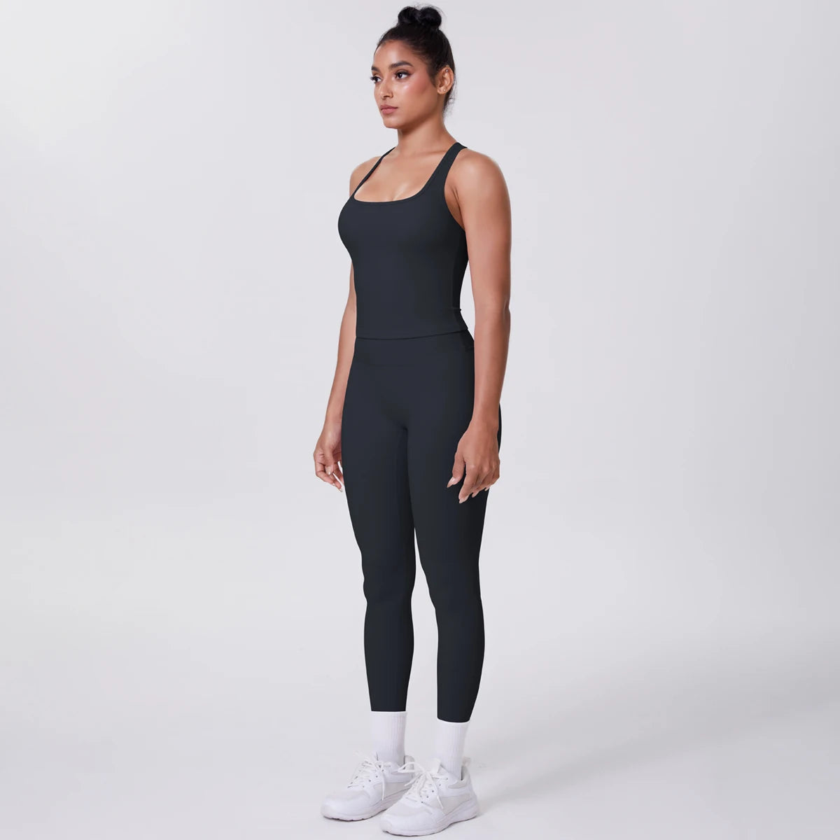 Hamidou - Conjunto de yoga de 2 piezas para mujer: leggings de fitness de secado rápido con efecto push-up y top deportivo con espalda en I de color liso.