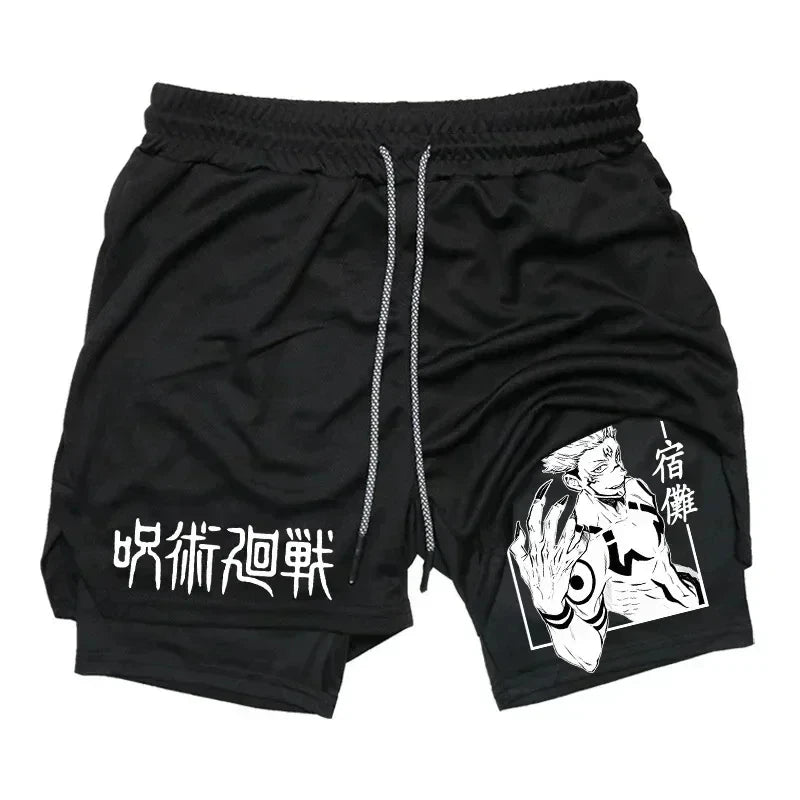 Pantalones cortos deportivos para hombre Jujutsu Kaisen Anime Graphic 2 en 1 pantalones cortos de compresión para hombre pantalones cortos de rendimiento de gimnasio de secado rápido atléticos