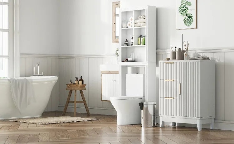 Organizador lateral de madera con 3 cajones y una puerta, con patas elevadas, para almacenamiento en el suelo, ideal para baño, ducha, dormitorio o armario del hogar.