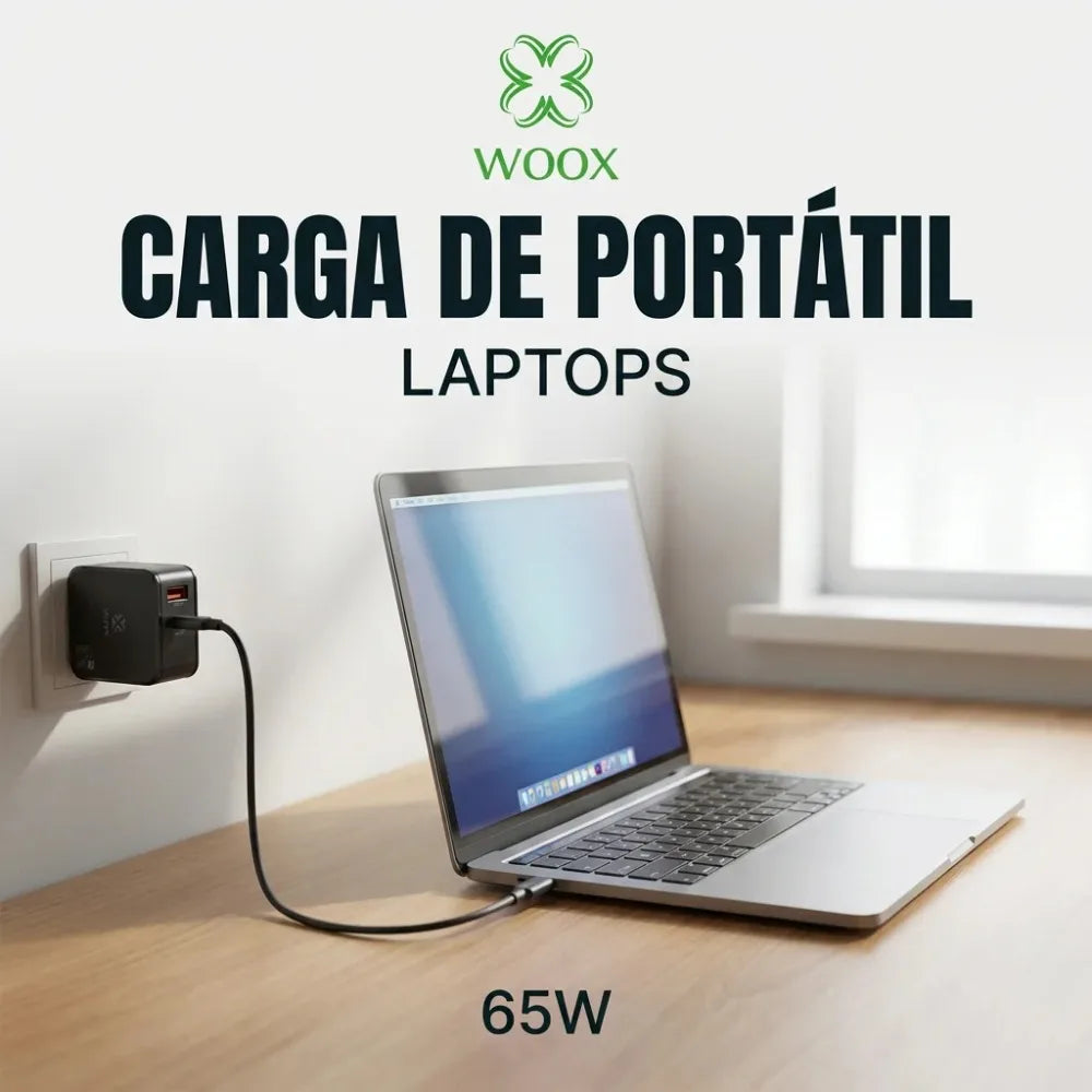 Cargador Rápido Woox 65W GaN con Cable de 100W, 2 Puertos Compactos (USB-C PD y USB-A) para iPhone 17, Teléfono Android, Ordenador Portátil