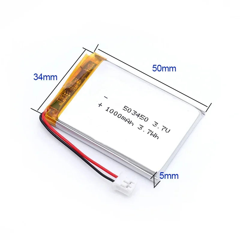 Batería Recargable de Litio Polímero de 1000 mAh y 3.7 V, Batería de Iones de Litio 523450/503450, PH2.0 de 2 Pines para GPS, Teléfono Inteligente, DVD, MP5