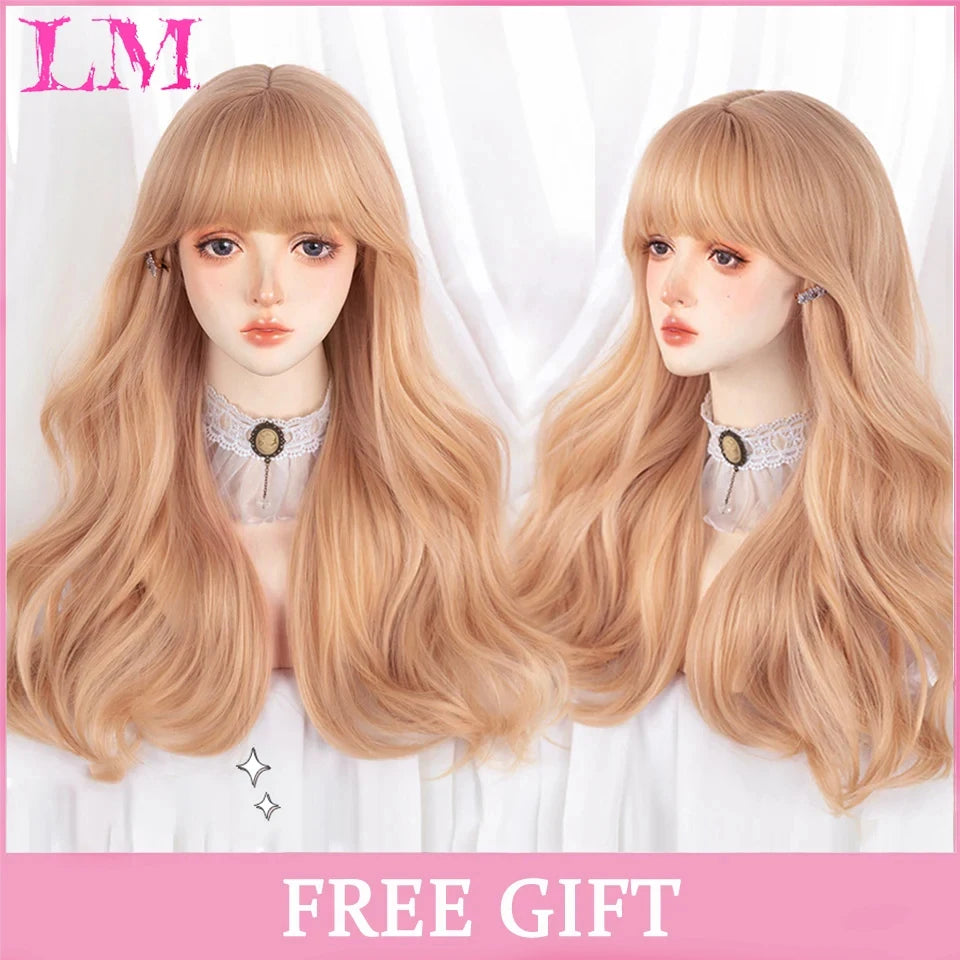 LM Rubio sintético Ombre mezclado rosa Rubio largo ondulado pelucas con flequillo Cosplay fiesta uso fibra resistente al calor para mujeres