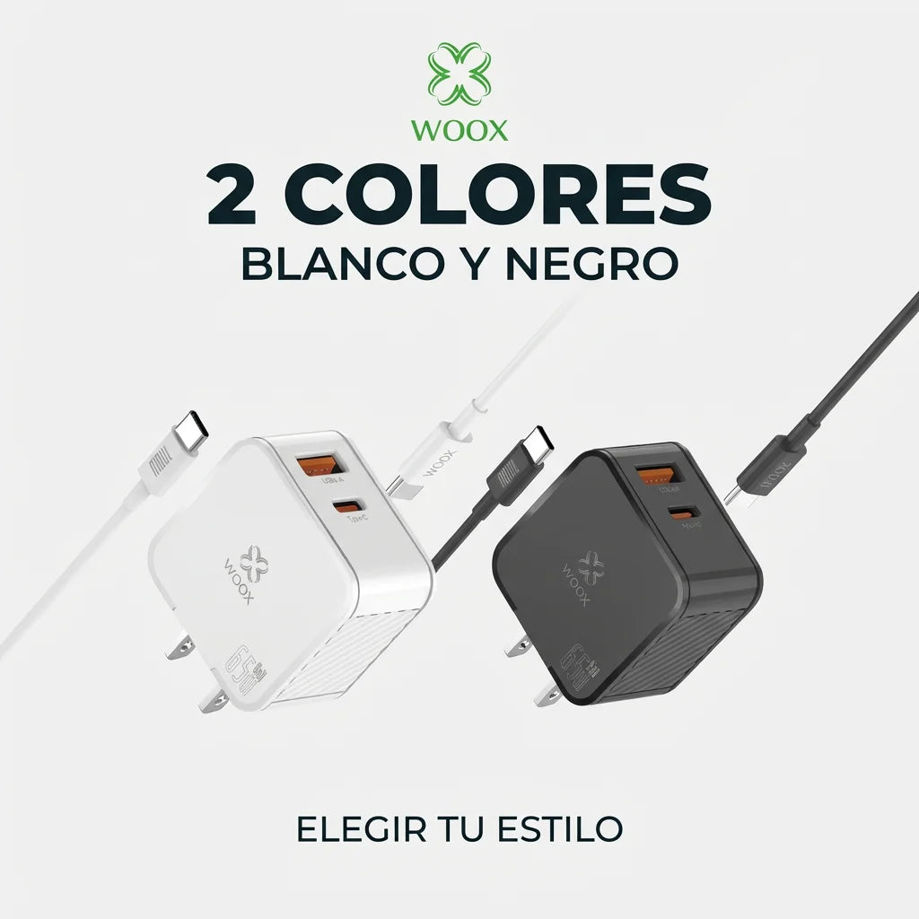 Cargador Rápido Woox 65W GaN con Cable de 100W, 2 Puertos Compactos (USB-C PD y USB-A) para iPhone 17, Teléfono Android, Ordenador Portátil
