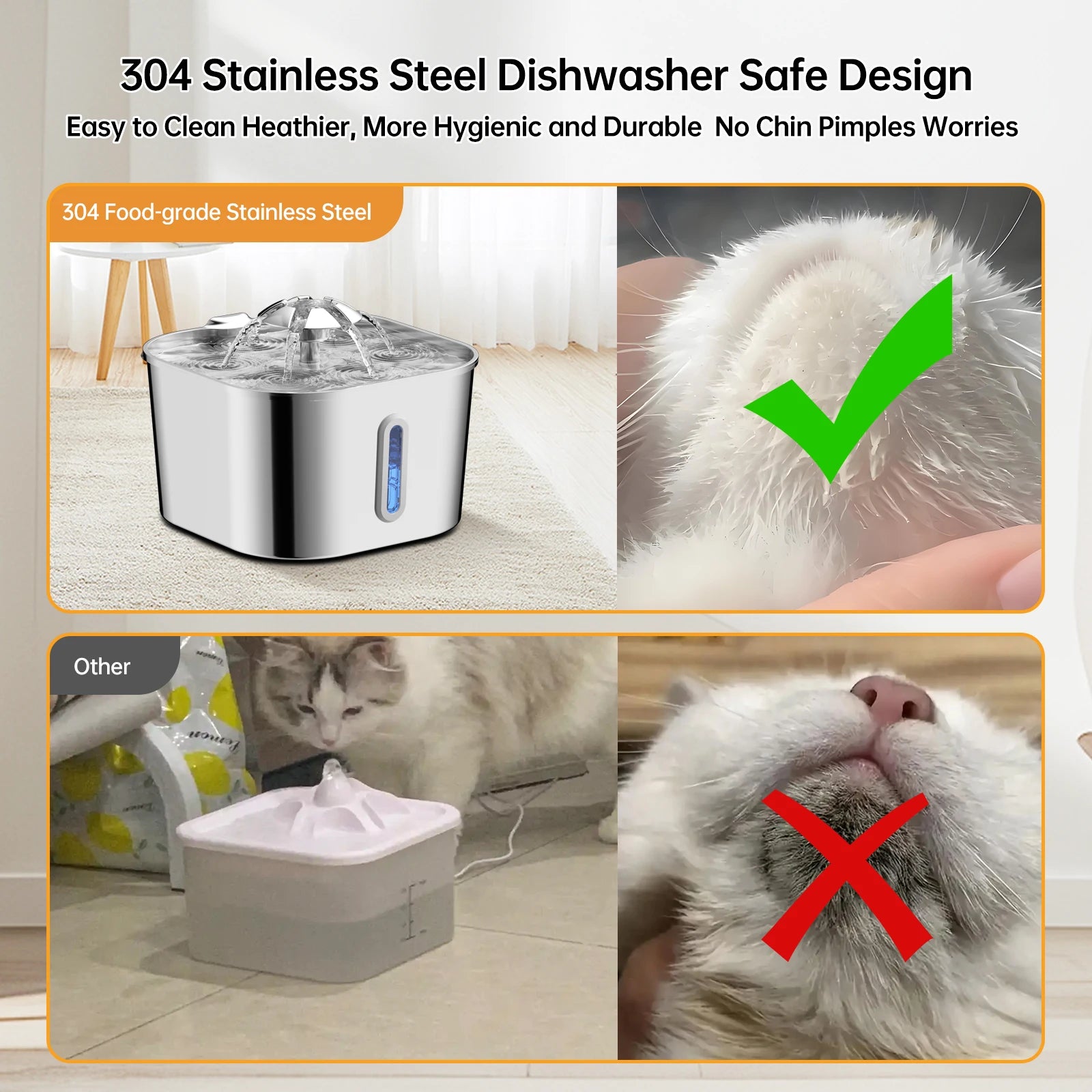 Fuente automática para gatos de 2,2l/74OZ, dispensador de agua para mascotas de acero inoxidable, bomba de agua silenciosa, filtrado de circulación, ventana Visual