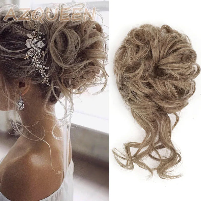 AZQUEEN moño de pelo sintético moño Natural gris desordenado banda para el cabello rizado elástico Scrunchy piezas de cabello falso para mujeres horquillas