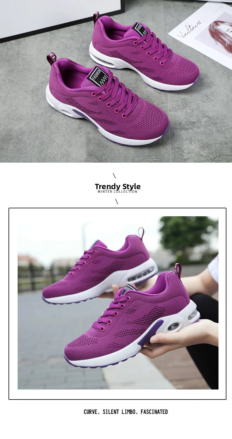 Zapatos deportivos transpirables con amortiguación de aire para mujer, zapatillas informales con cordones cruzados y tacón plano con punta redonda de estilo coreano