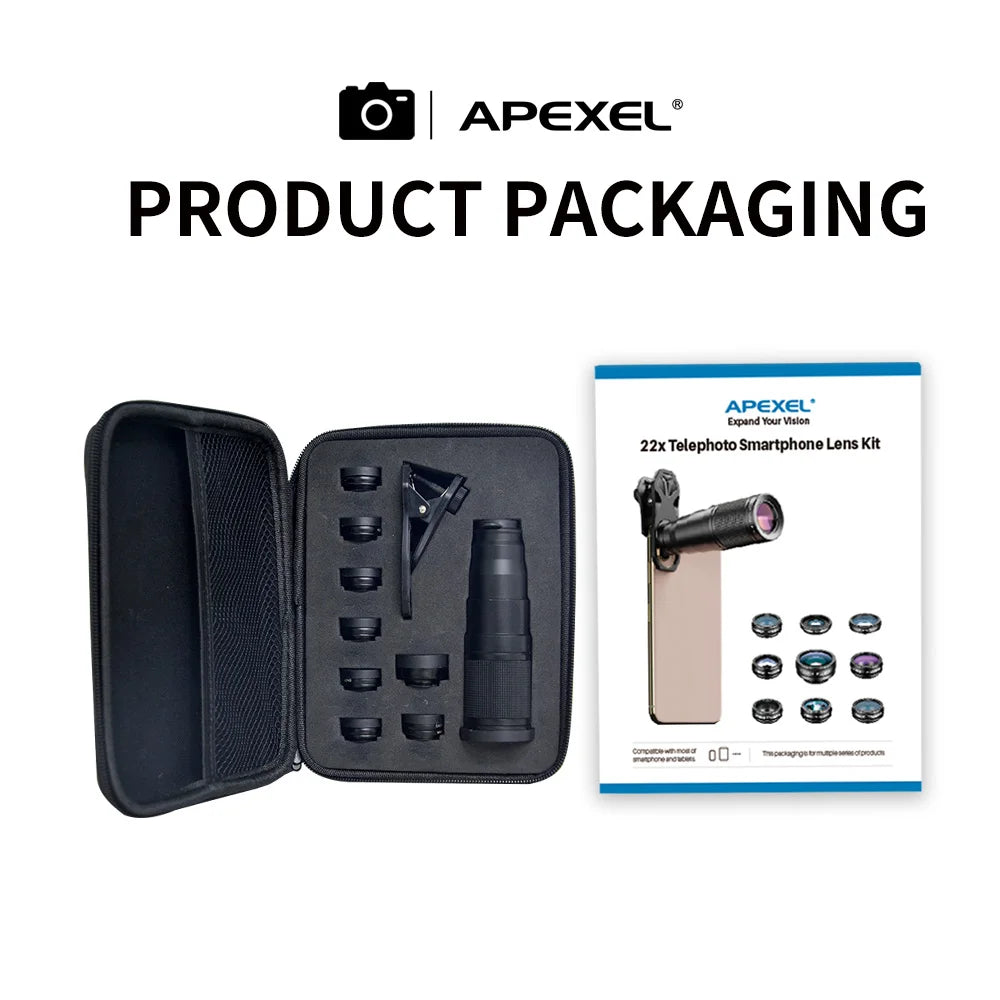 APEXEL-Kit de lentes para teléfono móvil, teleobjetivo 22X, ojo de pez, lente Macro gran angular, filtros de flujo de estrella CPL para todos los teléfonos inteligentes, 10 en 1