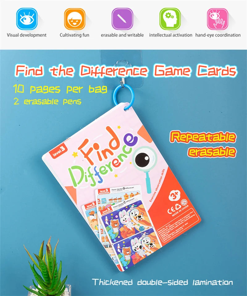 Juego de rompecabezas reutilizable Find The Difference, enfoque borrable y regrabable y entrenamiento de observación, juguete para el desarrollo del cerebro para niños