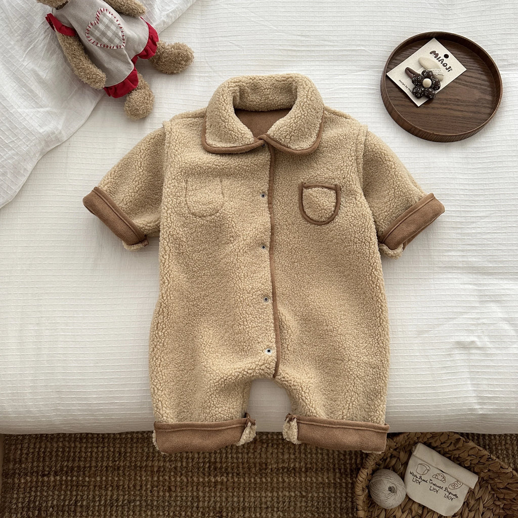 Versión coreana de invierno para bebé, niño y niña con mono de felpa grueso y cálido, elegante mono para exteriores