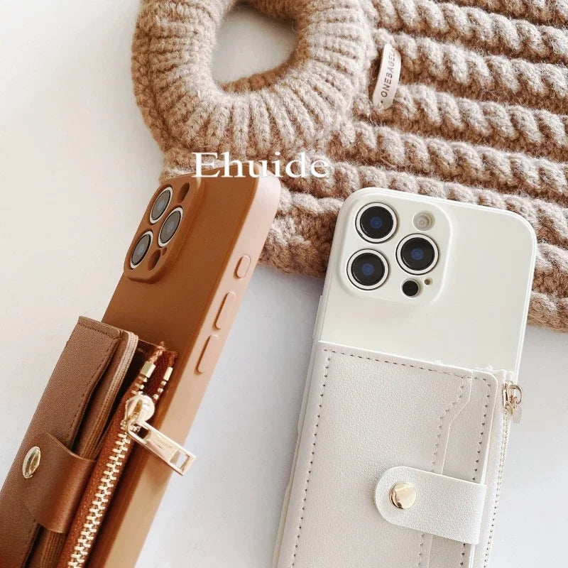 Funda con correa tipo billetera para iPhone 16 15 16Pro Max 11 12 13 14 Plus X XR XS Max ranuras para tarjetas cordón cruzado funda de silicona de cuero PU