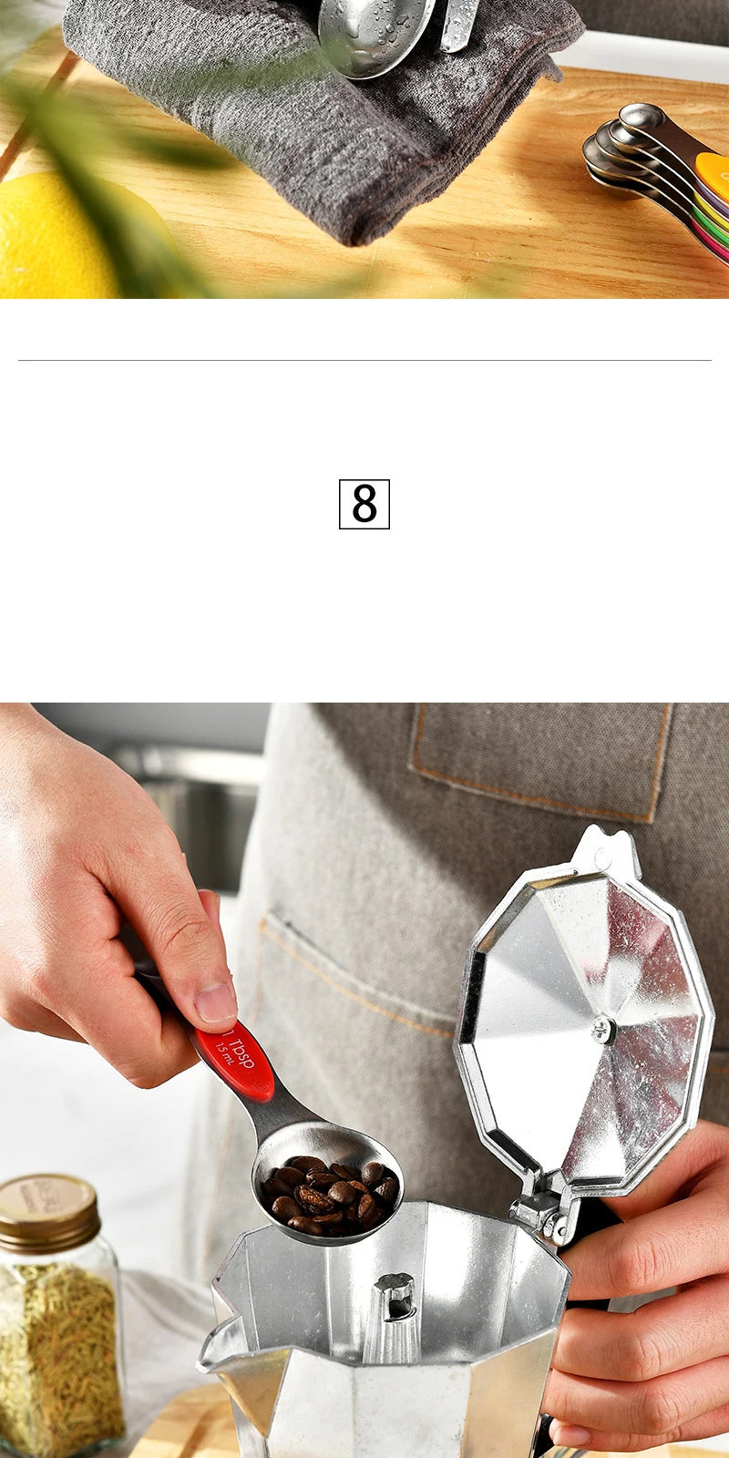 8 unids/set juego de cucharas medidoras magnéticas de acero inoxidable apilables cucharaditas de doble cara Metal preciso para latas de condimentos