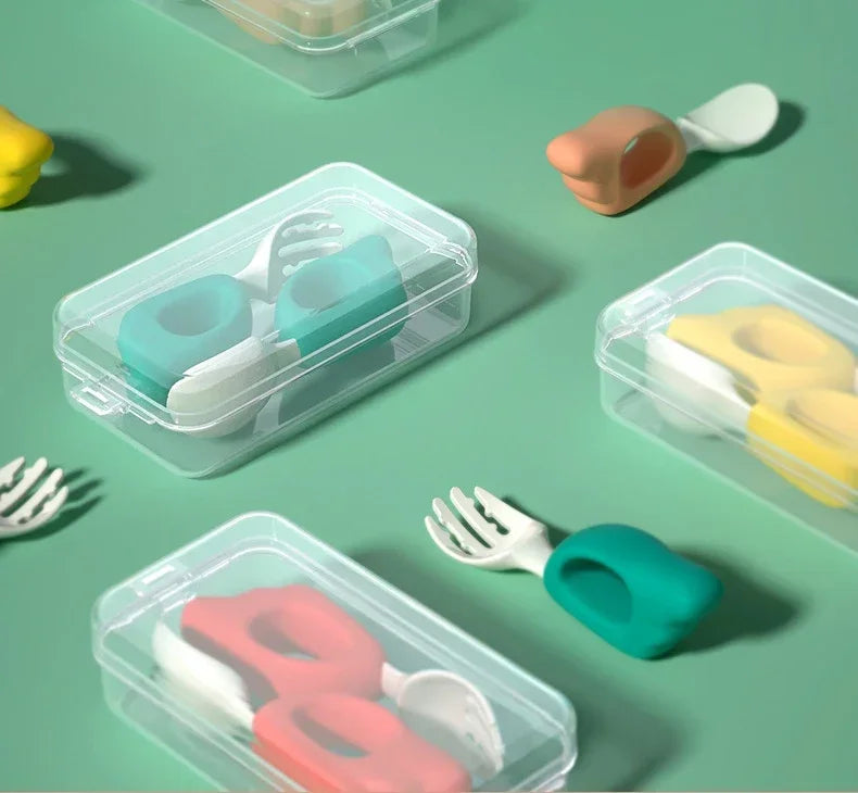 Cuchara, tenedor para bebé, aprender a comer, entrenar, 1-2 años, comer, juego de palillos para bebé, tenedor de comida complementaria, vajilla de plástico