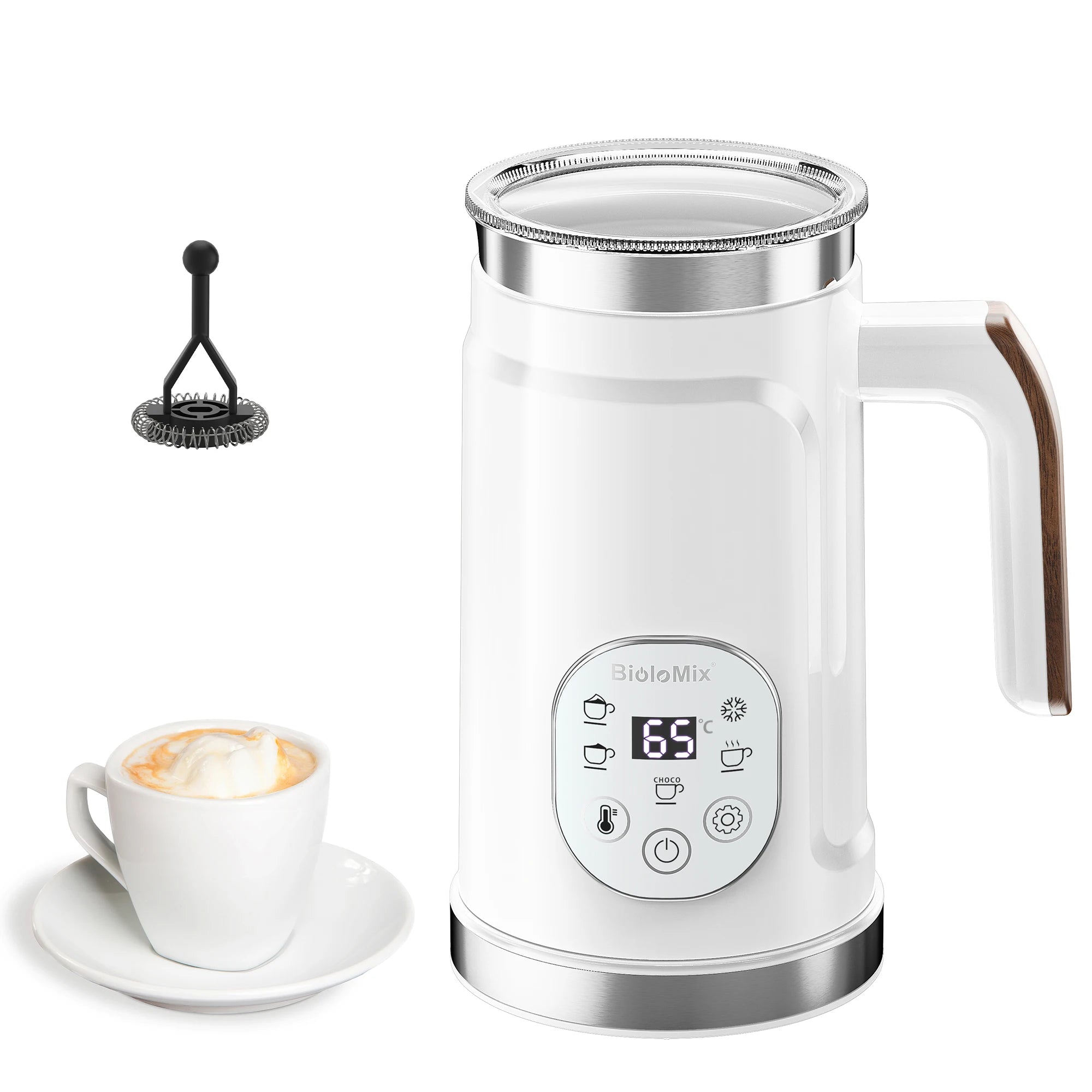 BioloMix Espumador de leche 5 en 1 con pantalla táctil LED mejorada - Calentador de leche para café con leche caliente y fría