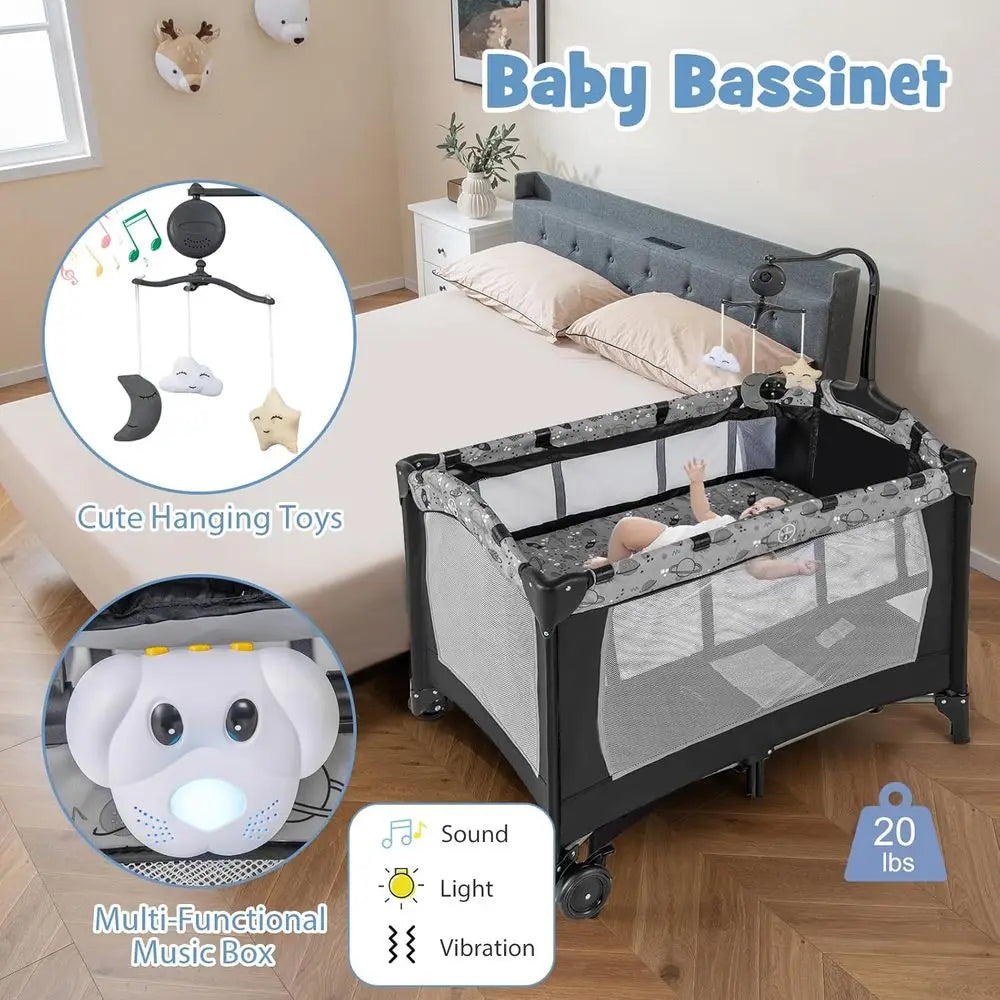 Pack and Play, Corralito portátil 4 en 1 para bebés con moisés, cambiador, ruedas con bloqueo, caja de música, cuna de viaje plegable