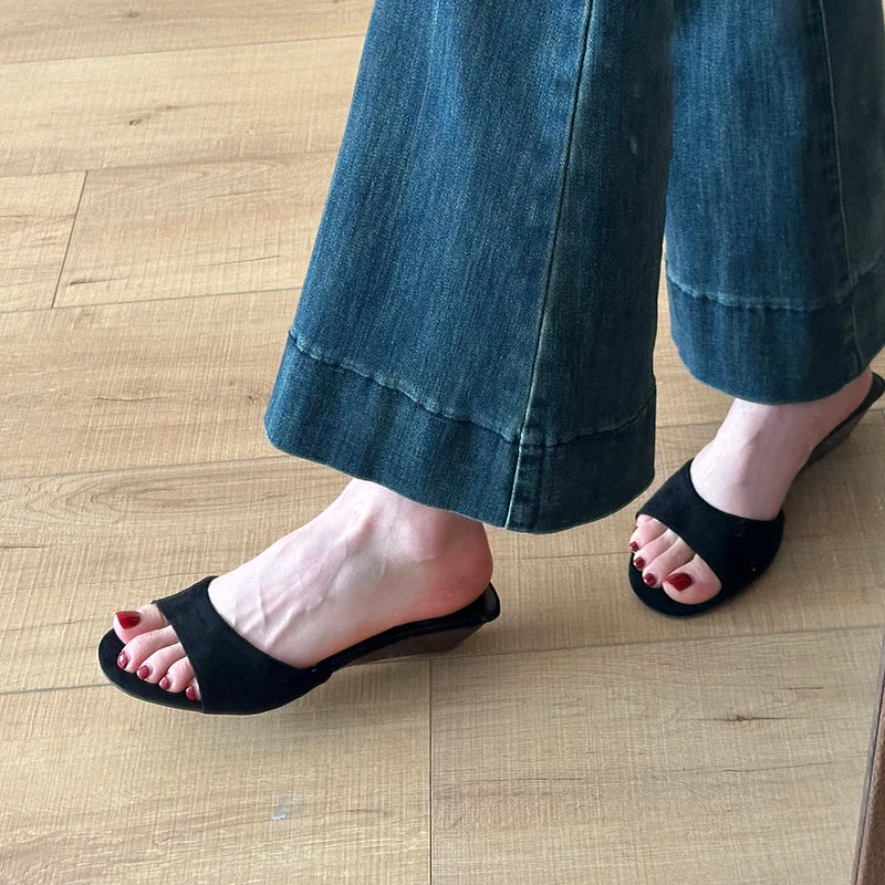 Sandalias de Verano para Mujer, Punta Abierta, Gamuza, Elegantes, Color Sólido, Tacón de Cuña, Zapatos de Vestir, Cómodas, para Playa y Exteriores