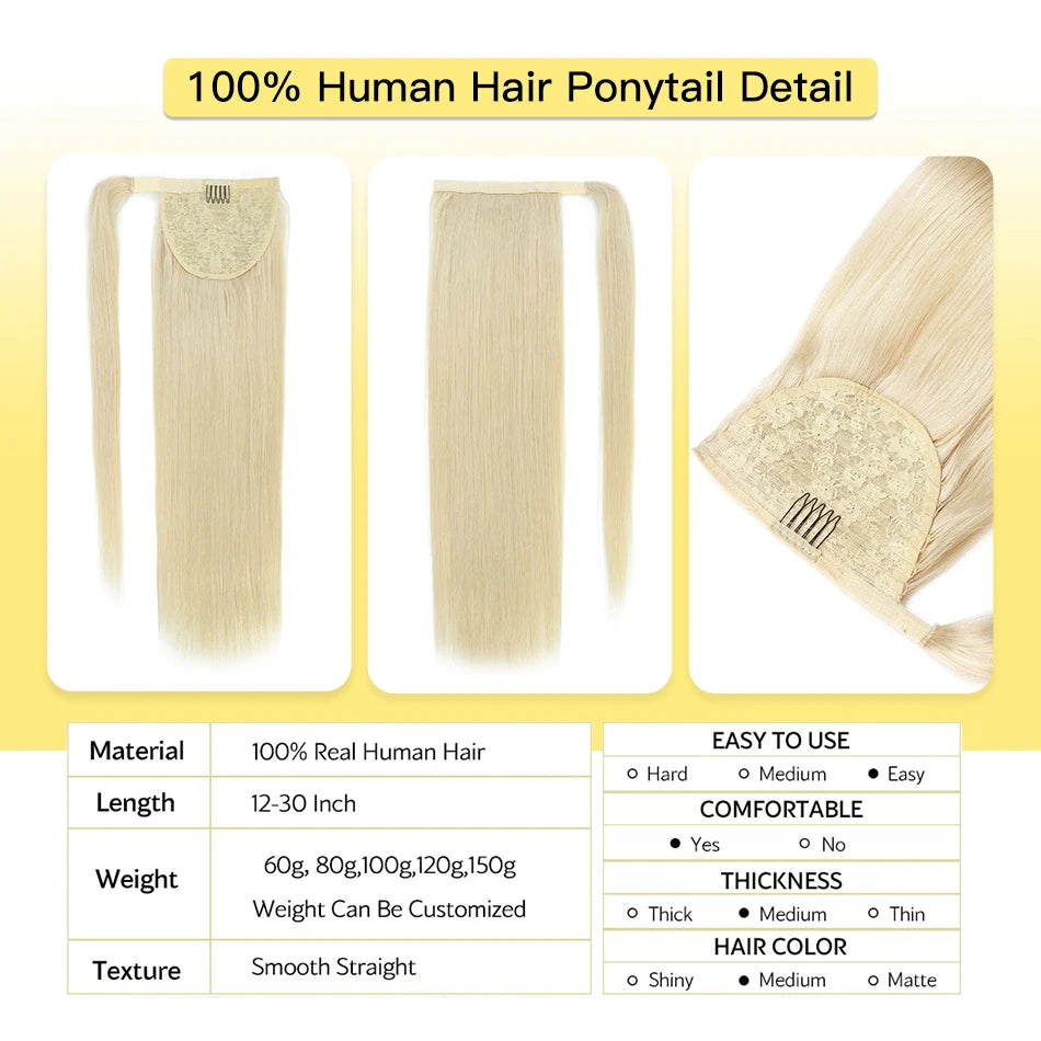 Cola de Caballo de cabello humano Yelo, Clip envolvente en pieza de cabello, extensión de cola de caballo, cabello humano liso con pasta mágica