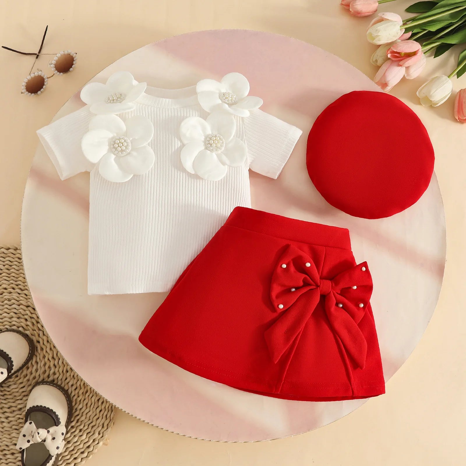 Conjunto de ropa de Año Nuevo para niñas de 0 a 3 años, Top de manga larga con lazo grande, falda Irregular y boina, ropa de Navidad para niños pequeños de 3 uds.