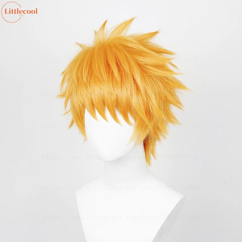 Peluca de Cosplay de Anime Kurosaki Ichigo de alta calidad, 30cm, pelo sintético corto naranja resistente al calor, pelucas para fiesta de Halloween + gorro de peluca