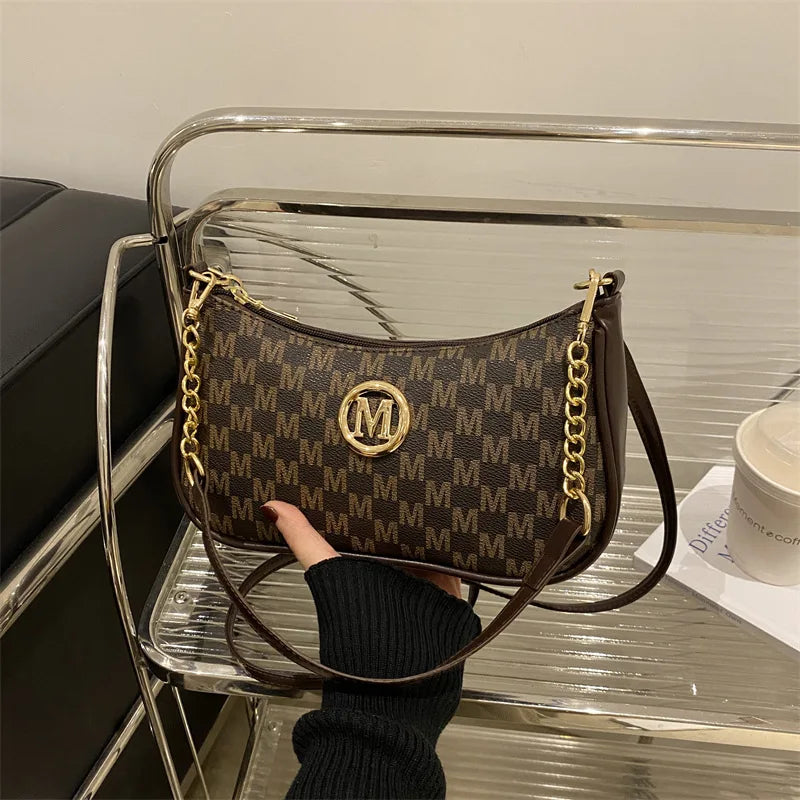 Bolso retro francés para axila, bolso de un hombro con estampado de letras y cadena cuadrada cruzada diagonal para mujer