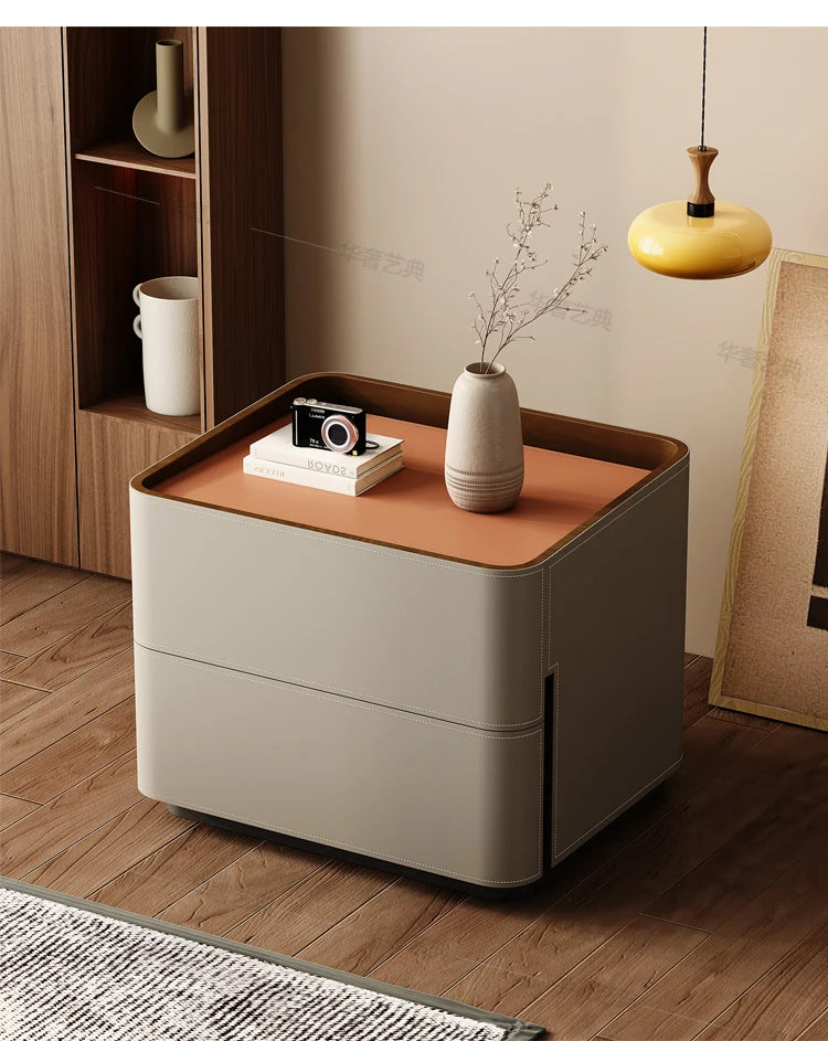 Mesita de Noche de Cuero con Cajones, Almacenamiento Estético para Dormitorio, Mesitas de Noche Modernas de Lujo, Muebles para el Hogar que Ahorran Espacio