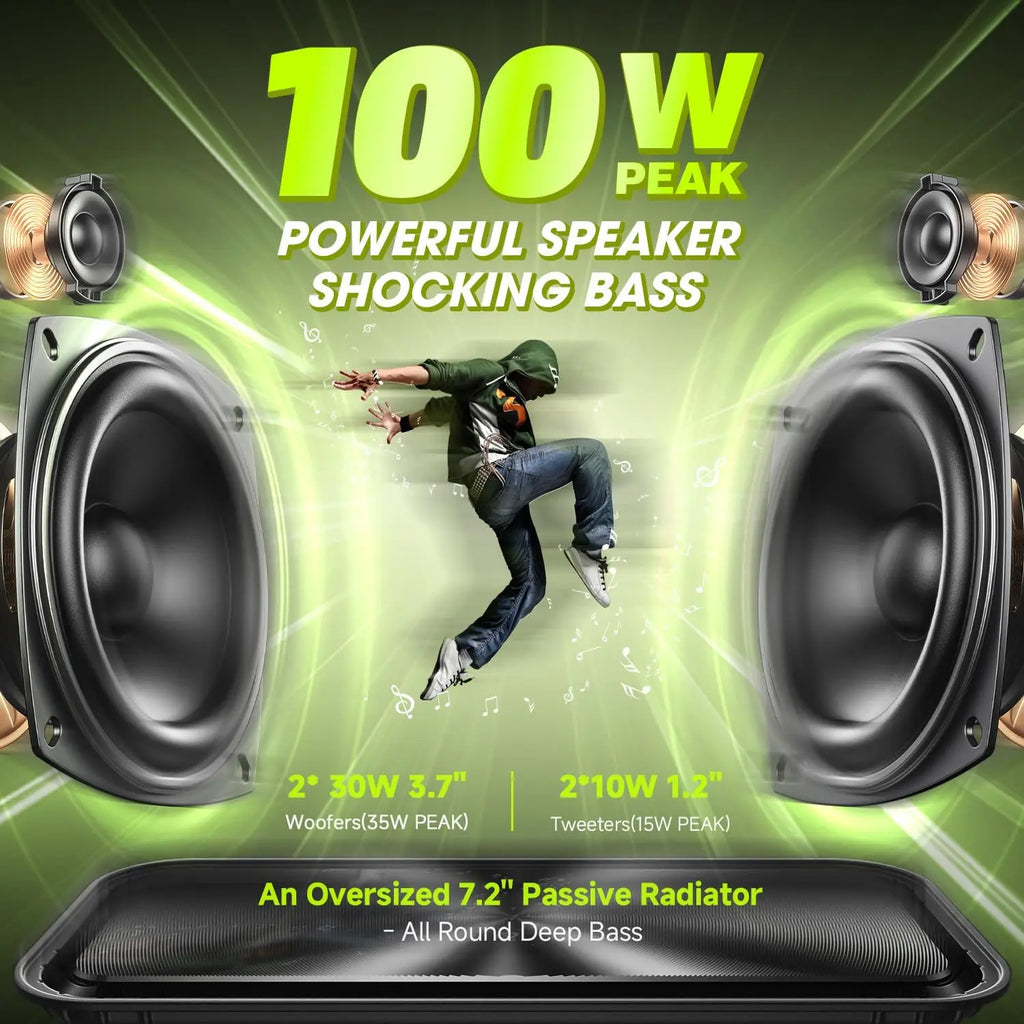 Altavoz Bluetooth W-KING D9-1 Verde, 100W Pico, 60W HD, IPX6, Portátil, Inalámbrico, Resistente al Agua, para Fiestas al Aire Libre, con 2 Subwoofers/Radiador Pasivo Extra Grande, Bajos Profundos, 40H, PowerBank, TF, AUX, E