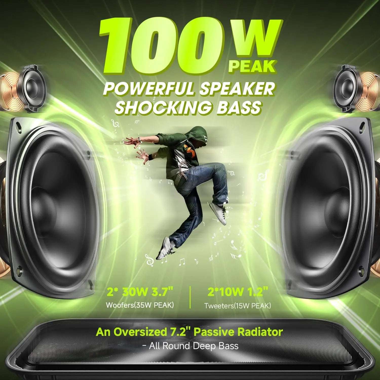 Altavoz Bluetooth W-KING D9-1 Verde, 100W Pico, 60W HD, IPX6, Portátil, Inalámbrico, Resistente al Agua, para Fiestas al Aire Libre, con 2 Subwoofers/Radiador Pasivo Extra Grande, Bajos Profundos, 40H, PowerBank, TF, AUX, E
