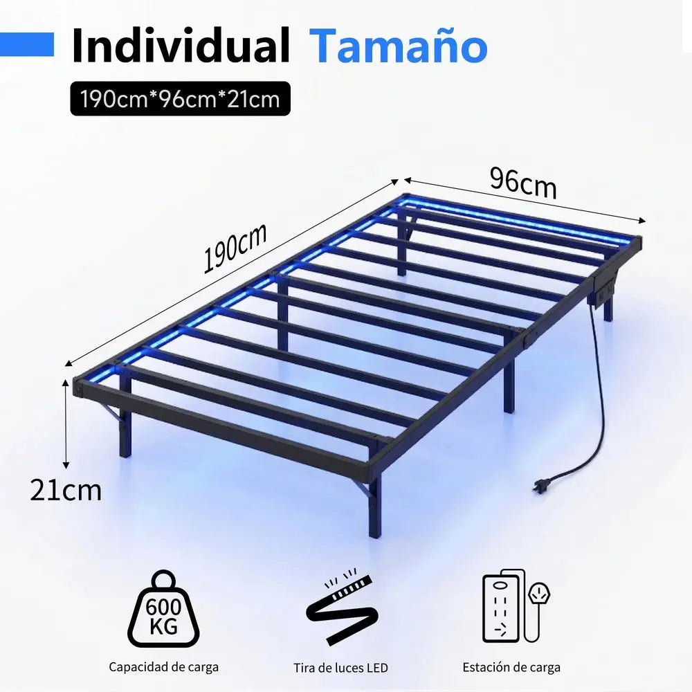 Cama Individual Flotante, Plataforma Metálica Resistente de 1500 lb con Luz LED y Estación de Carga, con Láminas de Acero de Alta Resistencia