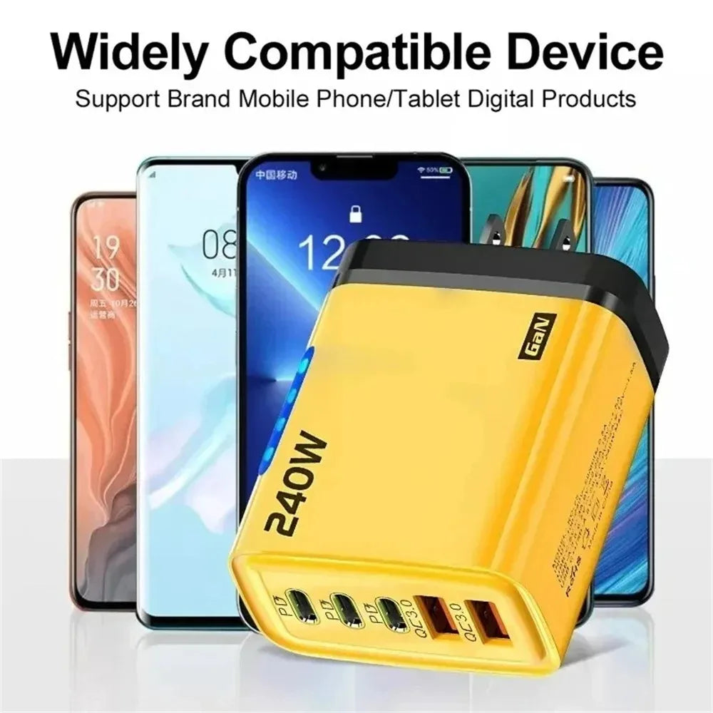 Cargador USB C GaN 5 en 1 de 240W, adaptador de carga rápida para teléfono, PD QC3.0, enchufe europeo/estadounidense/británico, cargador de pared para iPhone, Samsung, Xiaomi
