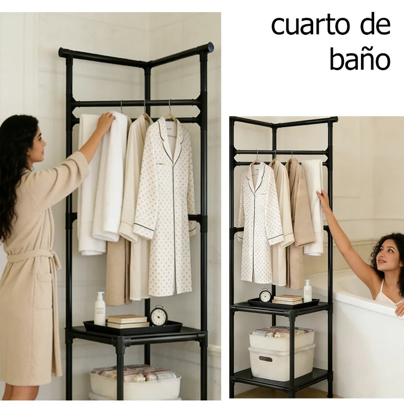 Perchero de Esquina Multicapa - Organizador de Ropa y Accesorios con Estantes, Ideal para Entrada, Dormitorio y Baño