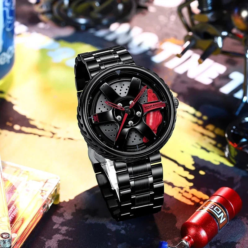 Reloj de pulsera de cuarzo para hombre, de acero inoxidable, a la moda, con esfera deportiva, llanta de coche, cubo de rueda, relojes de pulsera de lujo para negocios