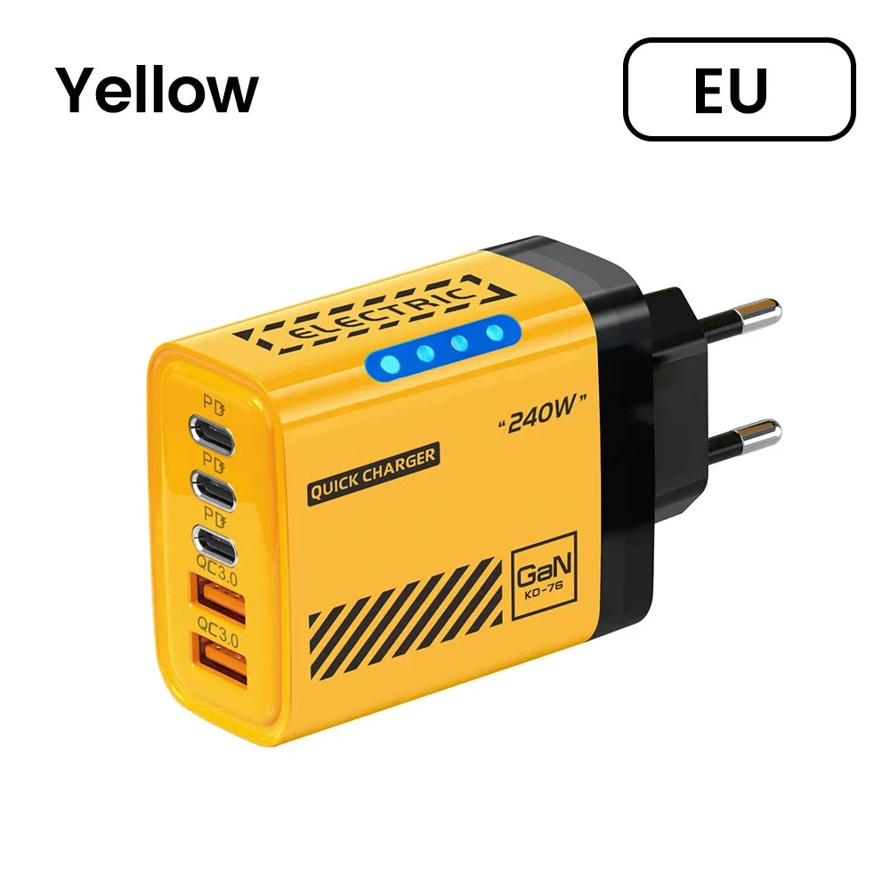 Cargador Rápido de Teléfono de 240W, Enchufe US/EU, QC3.0 PD USB, 5 Puertos, Cabezal de Carga GaN con Luz LED para iPhone 17 16, Samsung, Huawei
