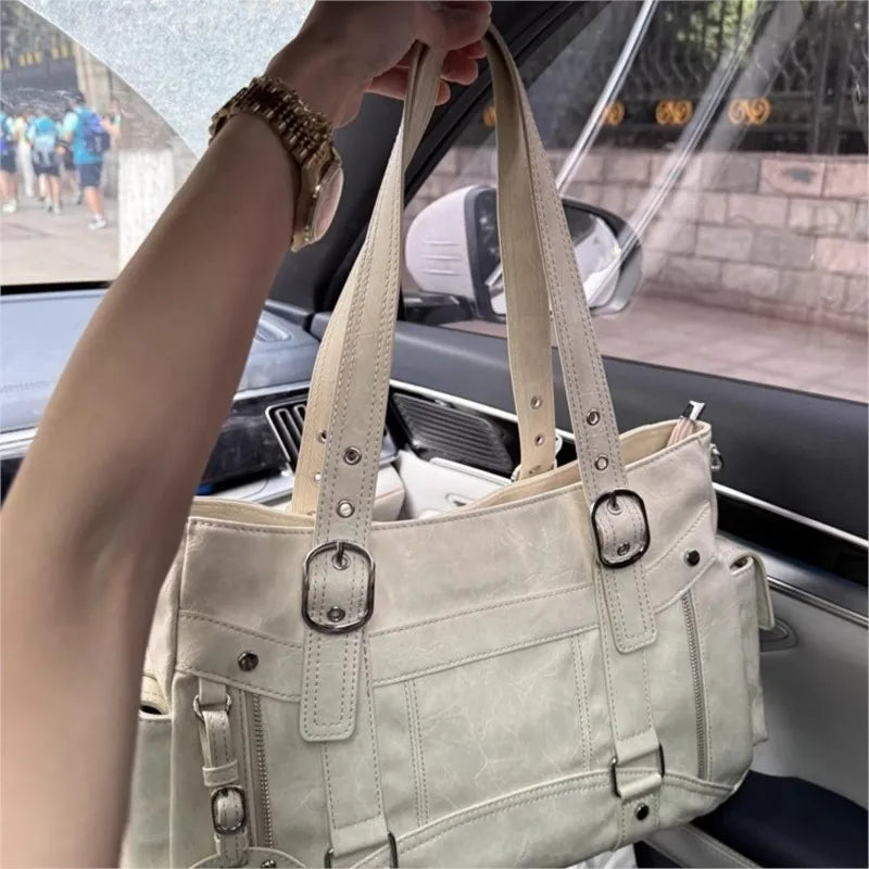 Bolso de mano con tachuelas Vintage para chica, bolso de hombro de gran capacidad con textura de cuero para mujer, bolso cruzado de viaje de estética Y2k