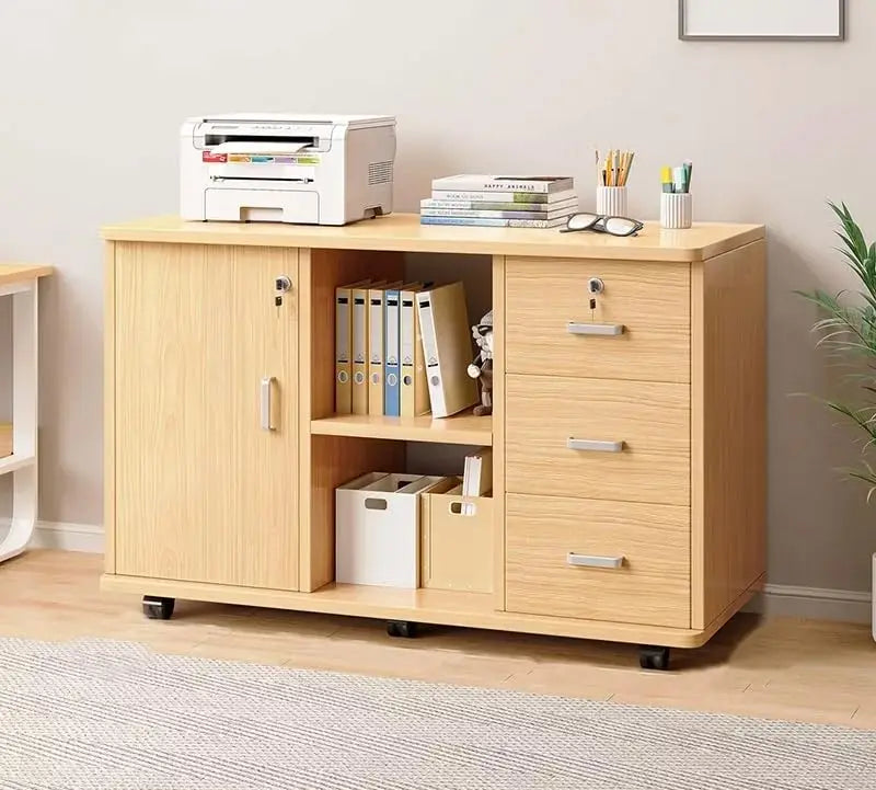 Archivador con 3 Cajones y Puerta con Cerrojo,Multifunción Gabinete de Almacenamiento,Mueble Organizador Bajo Escritorio para Impresora, Estantes Ajustables,Oficina en Casa, 90x34x59cm