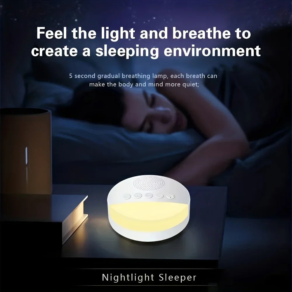 Máquina portátil de ruido blanco recargable por USB de 1200mAh con luz nocturna, 9 sonidos relajantes, temporizador de apagado para uso en el hogar/oficina