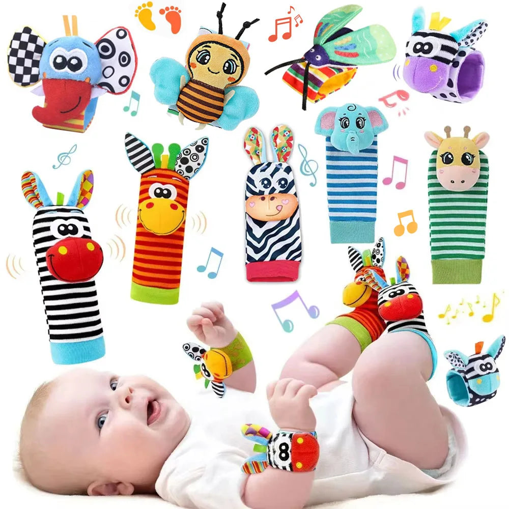 Sonajeros de muñeca para bebé, calcetines de animales para recién nacidos, buscador de pies, correa para la muñeca, calcetines para bebé, juguetes sensoriales, juguetes para bebé de 0 a 12 meses, regalo
