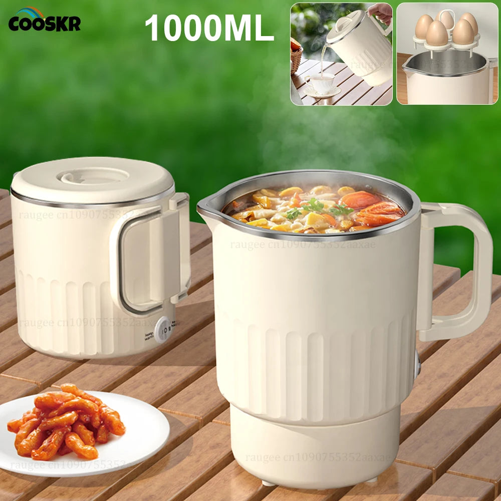 Hervidor de agua eléctrico, Mini hervidor portátil con rejilla para cocinar al vapor, 1000ml, gran capacidad, acero inoxidable, hogar, cocina, oficina, viaje