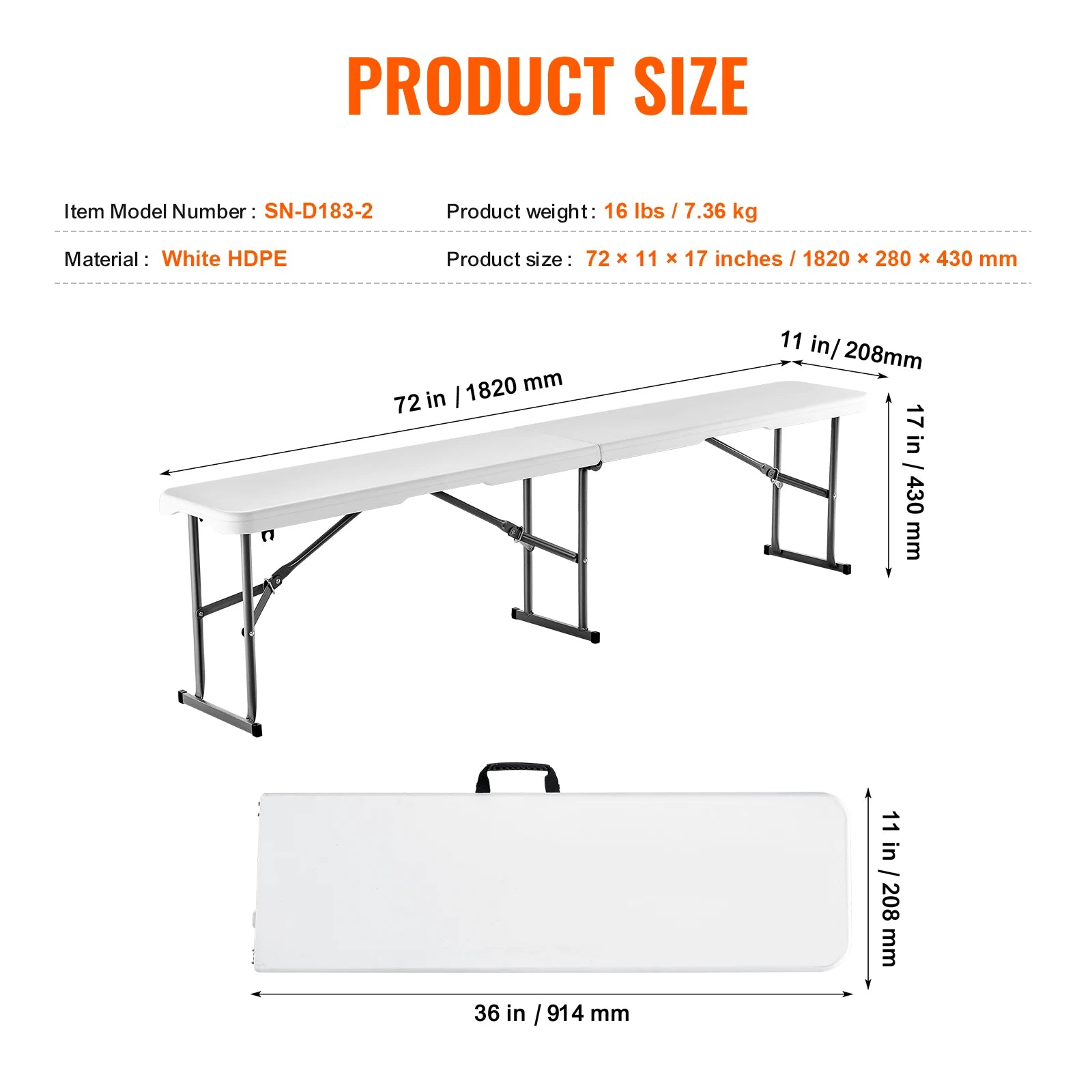 SucceBuy Banco plegable de plástico Banco plegable portátil de 6 pies con asa de transporte para actividades entretenidas de fútbol en el jardín Negro